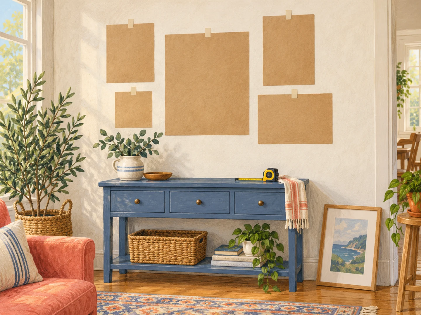 Illustration of paper frame templates arranged on a wall above a console.