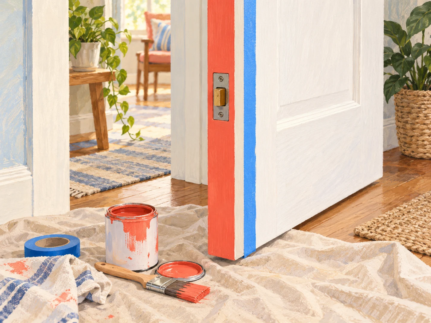 Illustration of a white interior door with a narrow coral-painted closing edge.