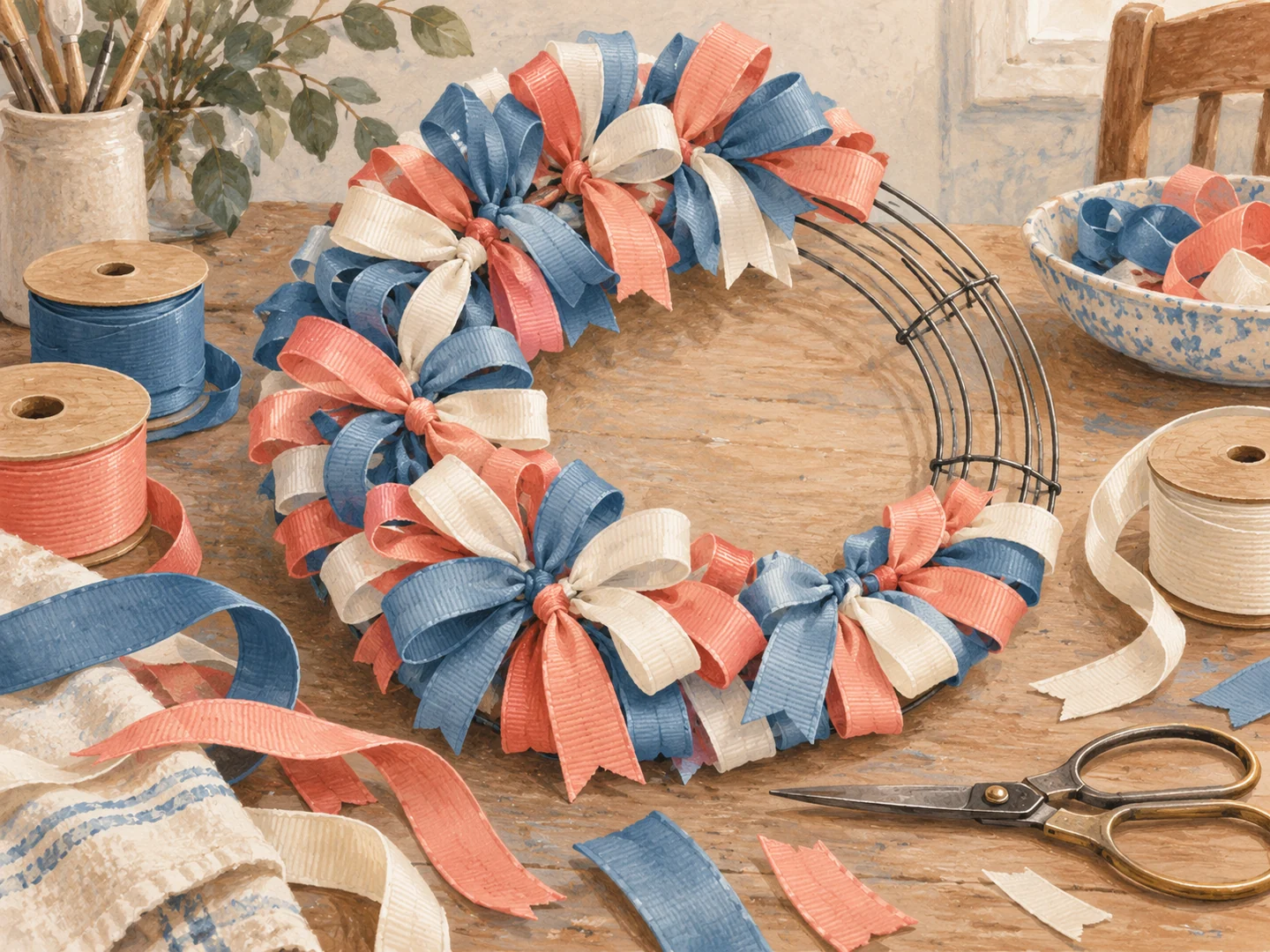 Illustration of a ribbon wreath and matching ribbon spools.