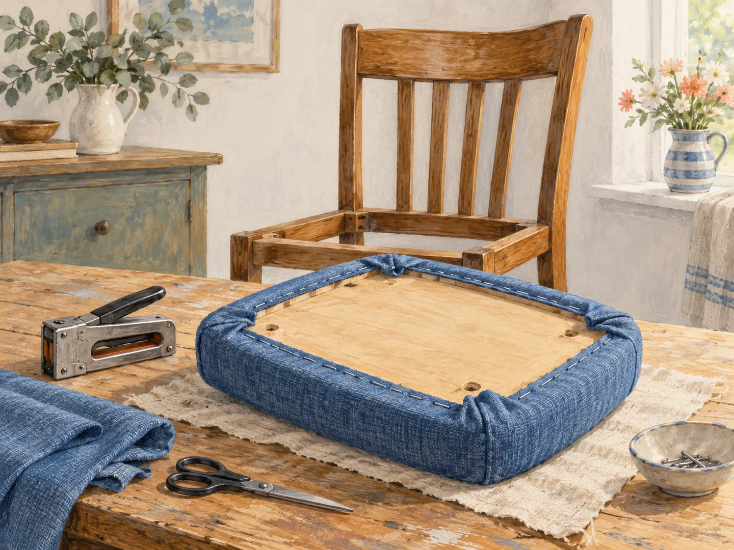Illustration of a removable dining-chair seat being covered with new fabric.
