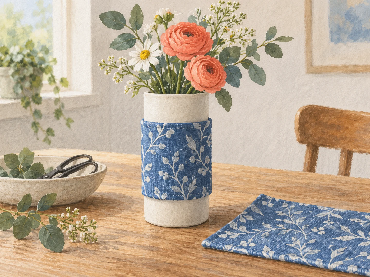 Illustration of a vase with a removable patterned fabric sleeve.