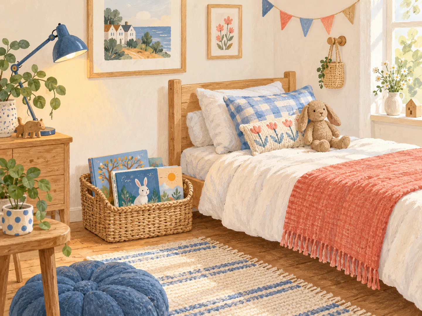 Illustration of a small basket of bedtime books beside a bed.