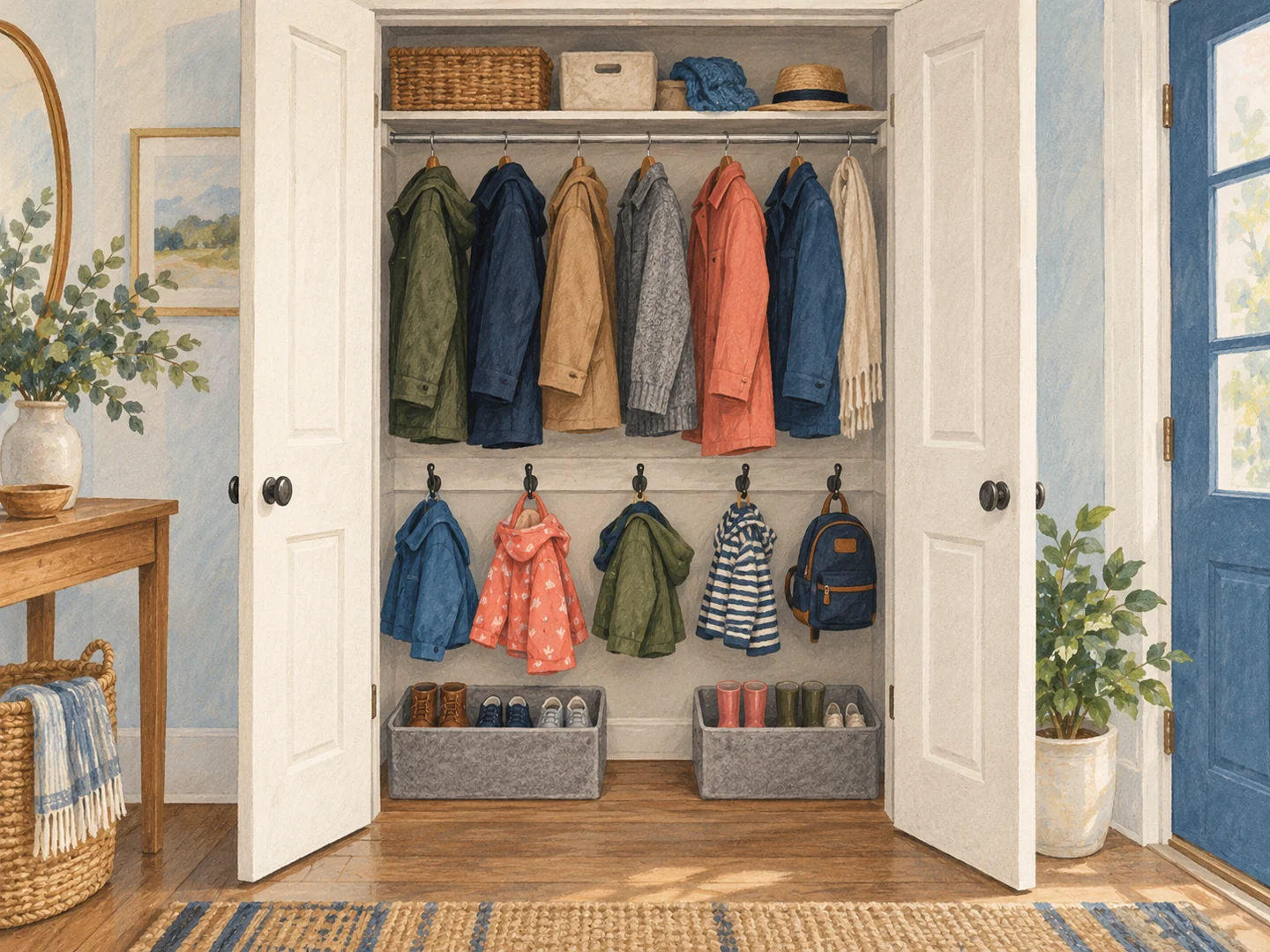 Illustration of a coat closet with storage at two different heights.