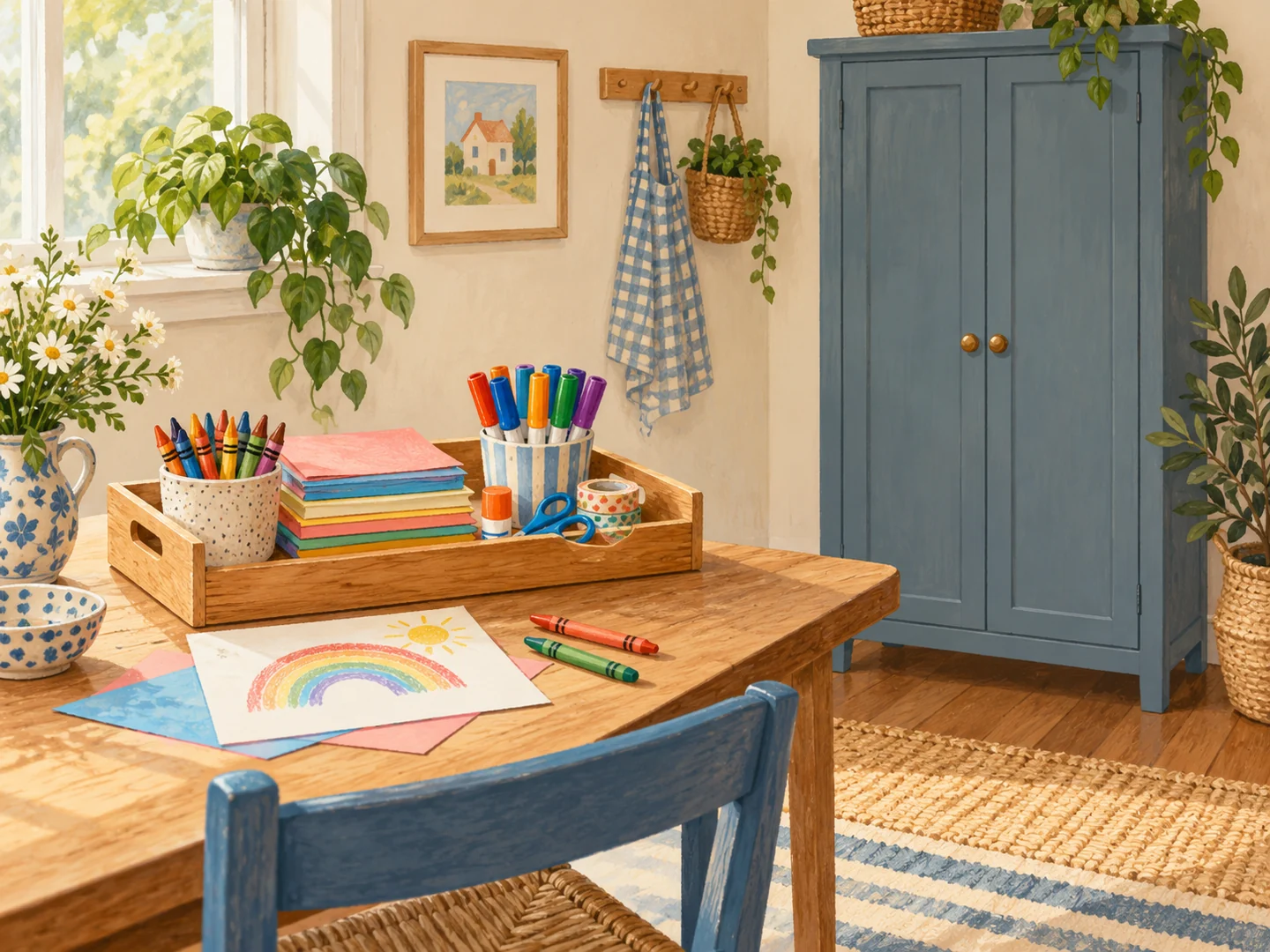 Illustration separating everyday craft supplies from tools kept in a high cabinet.