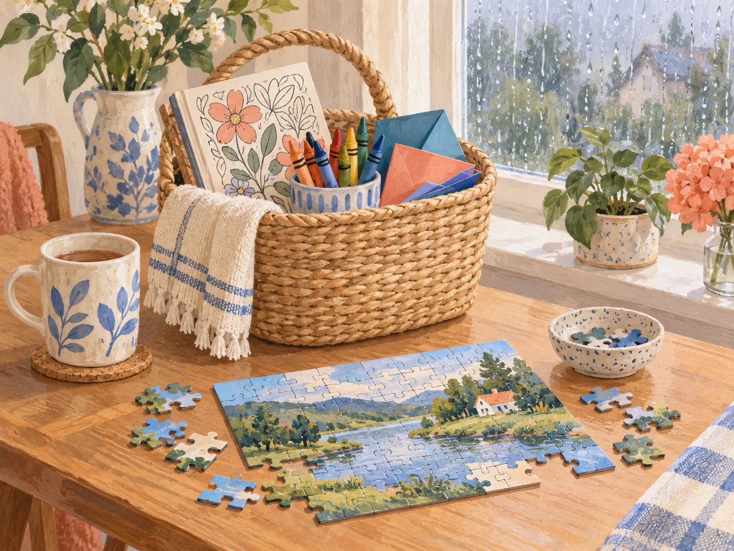 Illustration of a rainy-day basket with puzzles, paper and crayons.