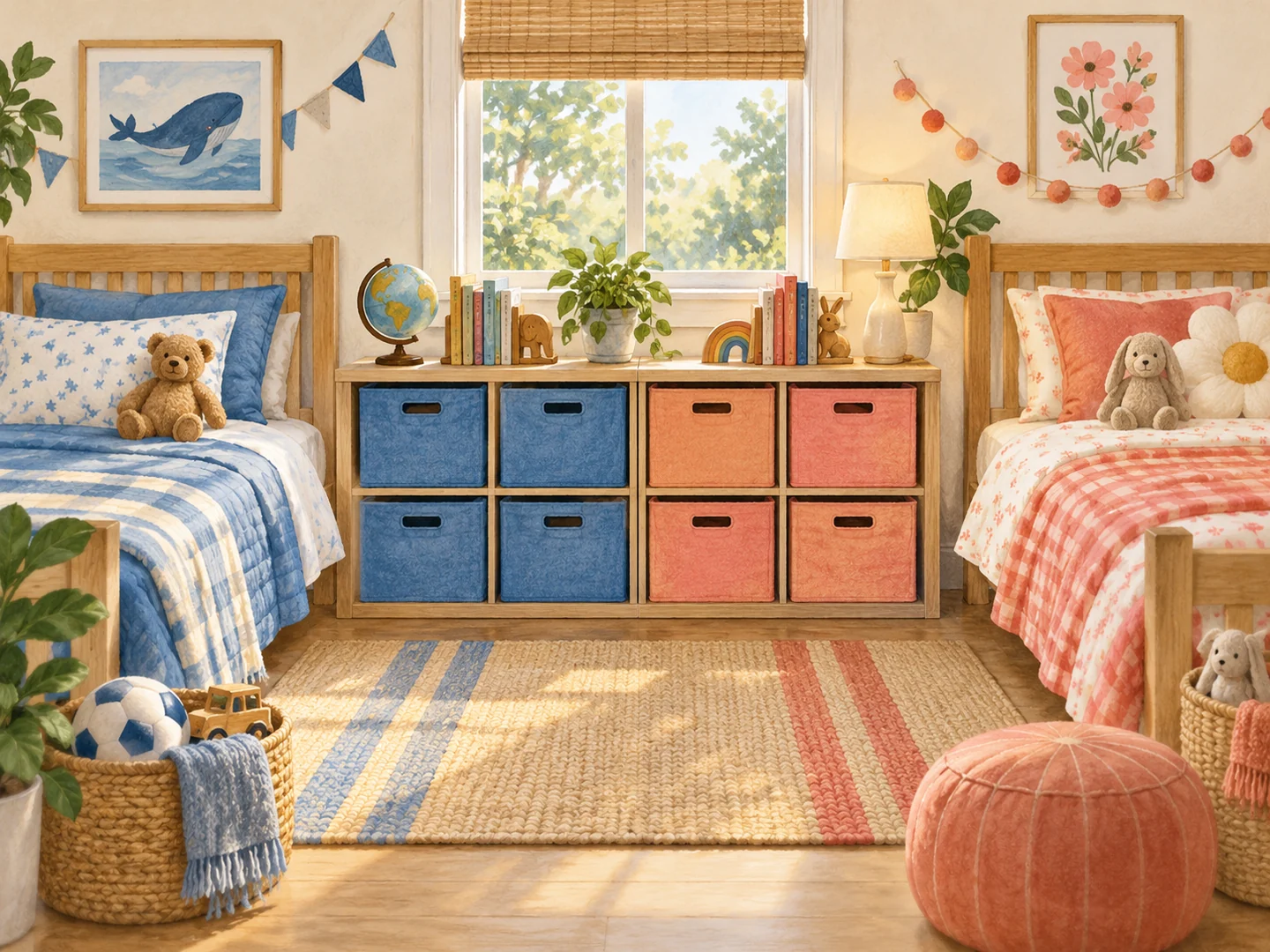 Illustration of a shared bedroom with separate storage for each bed.