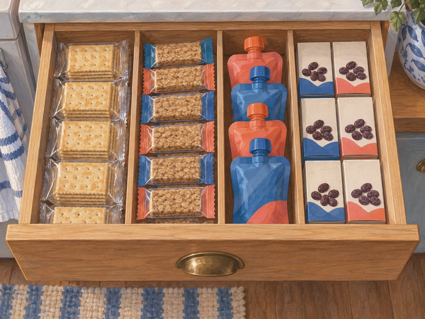 Illustration of sealed shelf-stable snacks divided into sections in a kitchen drawer.