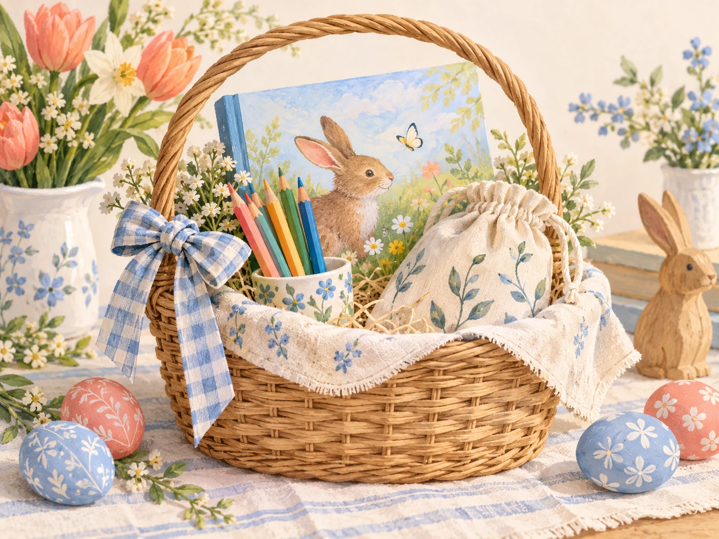 Illustration of an Easter basket containing a book, pencils and a fabric pouch.