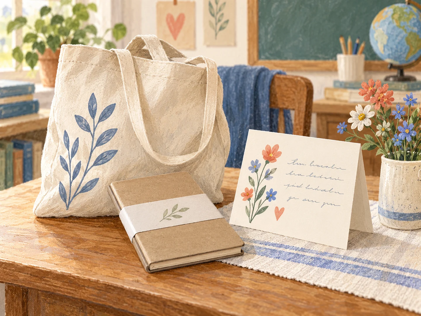 Illustration of a thank-you card and notebook prepared as a teacher gift.