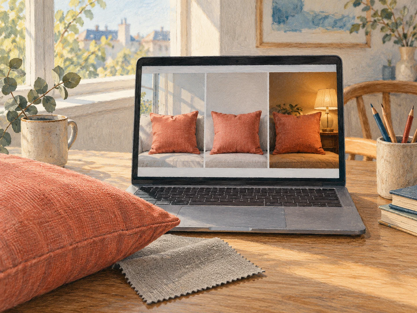 Illustration comparing online cushion photos taken under different lighting.