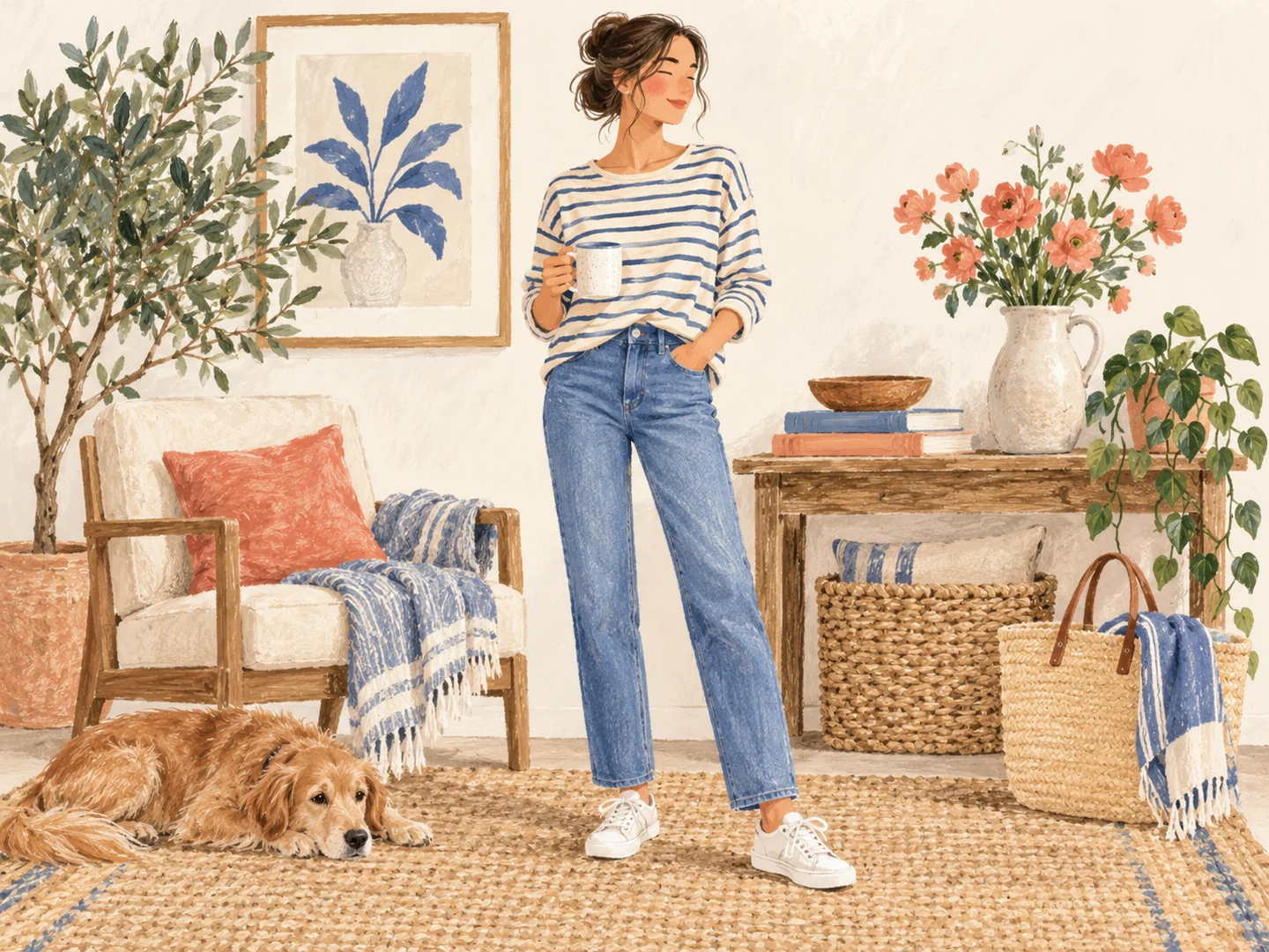 Illustration of straight-leg jeans worn with a striped top and flat sneakers.
