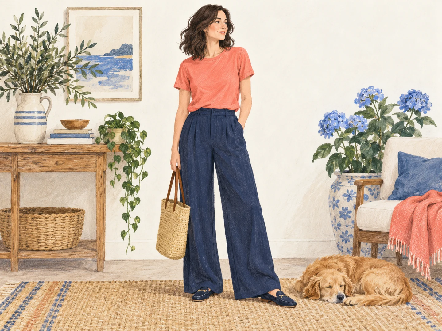 Illustration of wide-leg trousers paired with flat loafers.