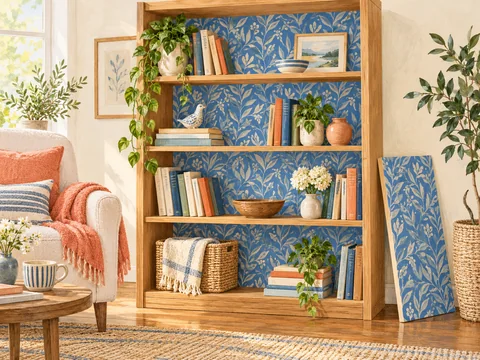 Illustration of patterned removable panels behind bookcase shelves.