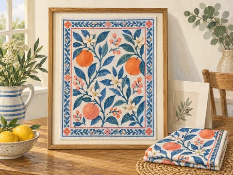 Illustration of a patterned tea towel displayed in a wooden frame.