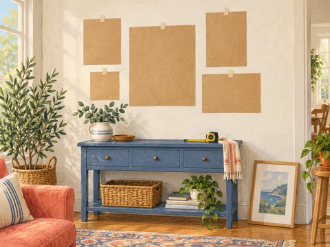 Illustration of paper frame templates arranged on a wall above a console.