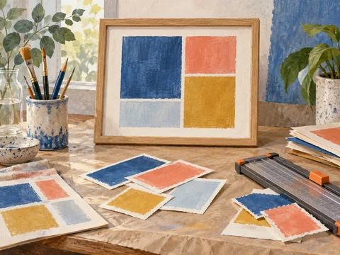 Illustration of framed geometric art made from paint swatches.