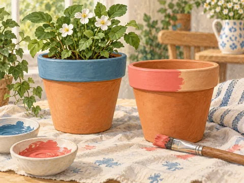 Illustration of terracotta pots with painted rims.