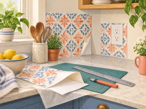 Illustration of removable backsplash sheets planned around a kitchen outlet.