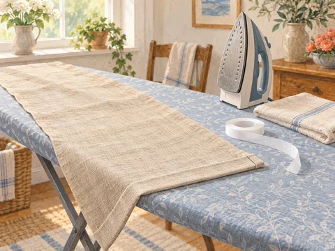 Illustration of a table runner hem with iron-on tape and a pressing cloth.