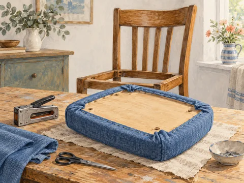 Illustration of a removable dining-chair seat being covered with new fabric.