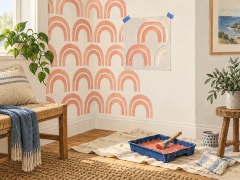 Illustration of a reusable stencil taped beside a painted wall pattern.