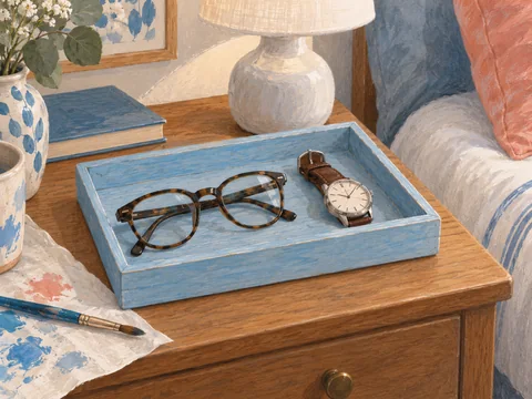 Illustration of a small painted wooden catchall tray on a bedside table.