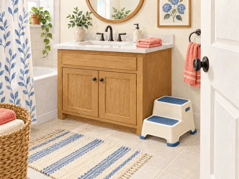 Illustration of a wide step stool placed beside a bathroom vanity.