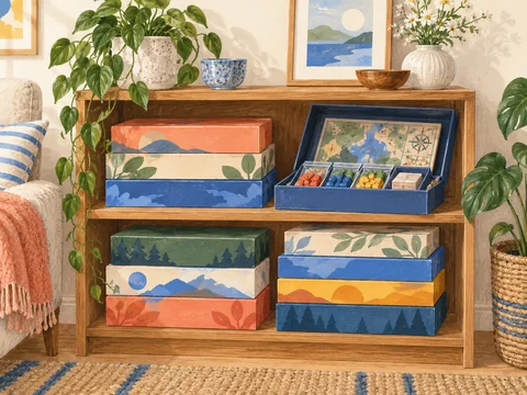 Illustration of board games stored with their pieces on a shelf.