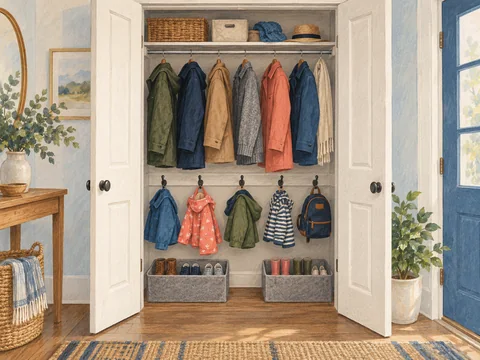 Illustration of a coat closet with storage at two different heights.