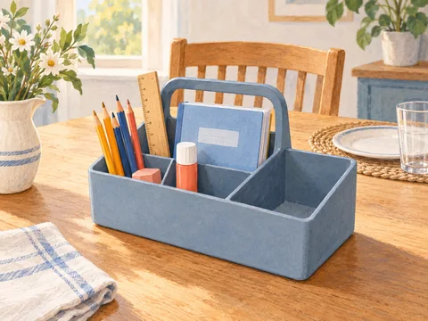 Illustration of a divided homework caddy on a dining table.