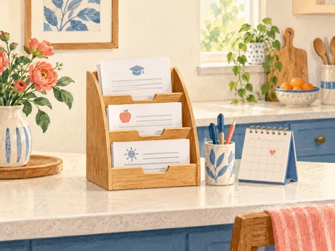 Illustration of school papers contained in a kitchen paper sorter.