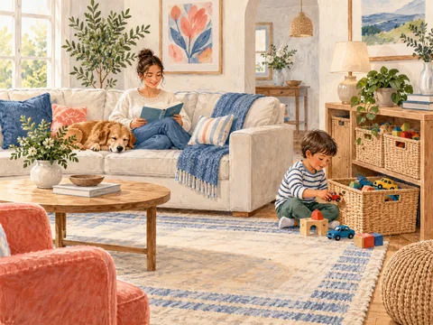 Illustration of toy storage beside a sofa with a clear seating area.