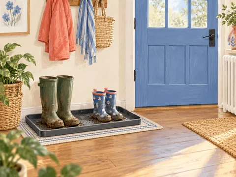 Illustration of muddy boots drying in a tray near an entry door.