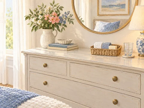 Illustration of a small basket holding washcloths and soap on a guest-room dresser.