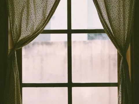 Curtain panels framing a window in daylight.