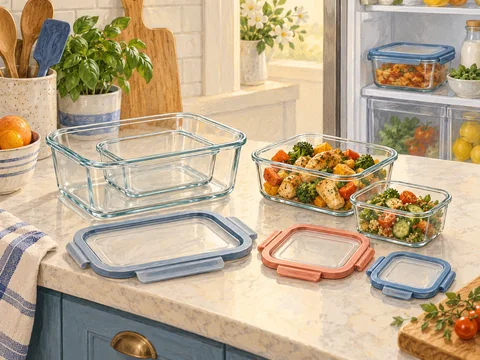 Illustration of reusable food containers and their matching lids.
