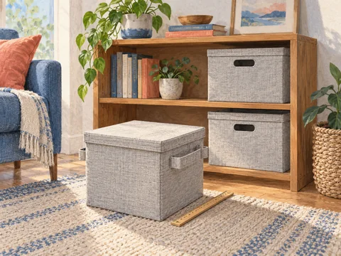 Illustration of storage bins with handles and lids fitted to a shelf.