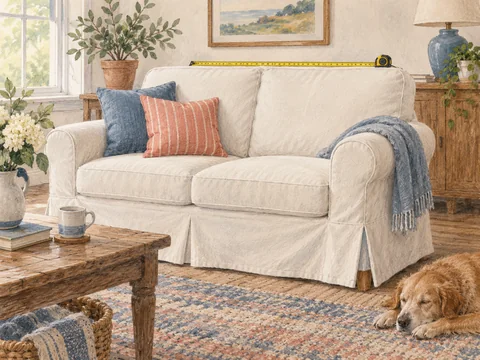 Illustration of a slipcovered sofa being measured for fit.