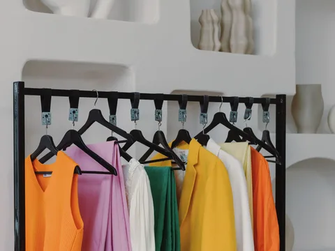 An assortment of clothing on a freestanding rail.