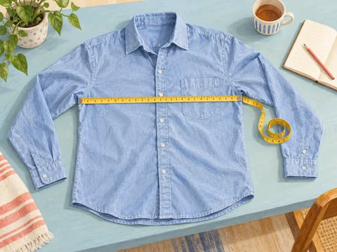 Illustration of a shirt laid flat with a tape measure across the chest.